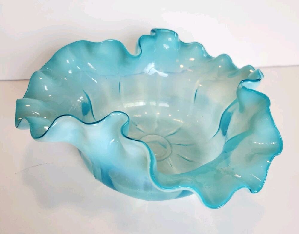 Vintage MCM Opalescent Blue Ruffled Art Glass Compote Bowl Decorative